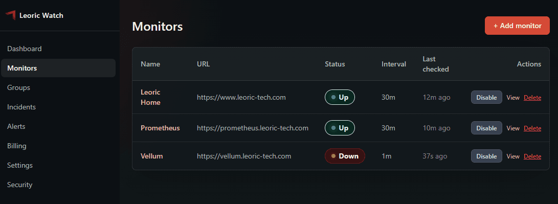 Leoric Watch monitors overview showing endpoint cards and uptime status